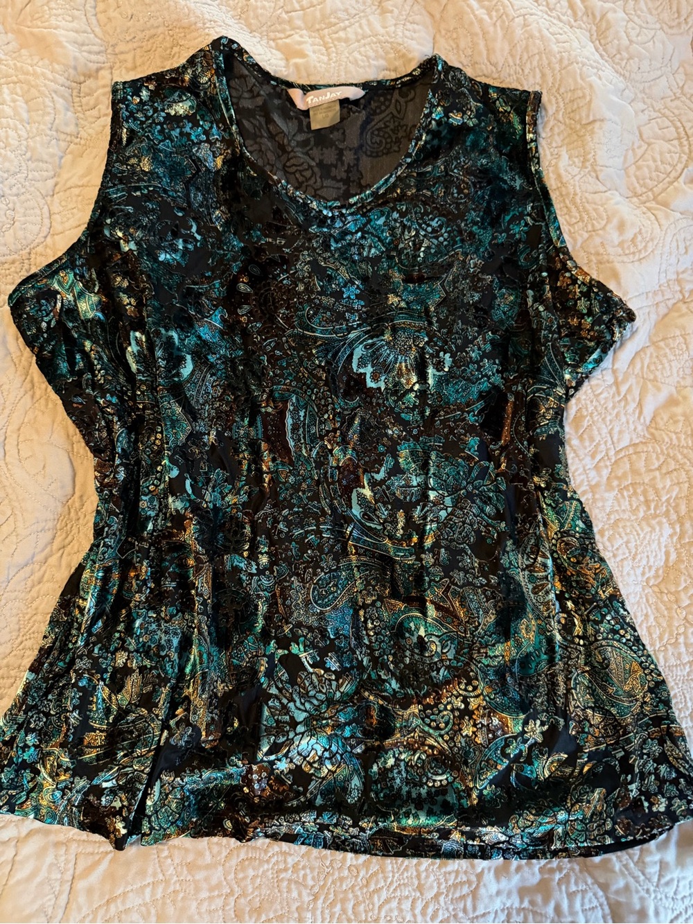 Vtg TanJay Black & green Paisley sleeveless Velvet burn out Top